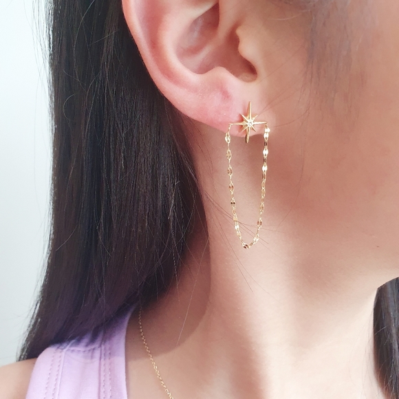 Water Resistant 18ct Gold Plated Chain Linked Star Stud Earrings - Picture 2 of 4